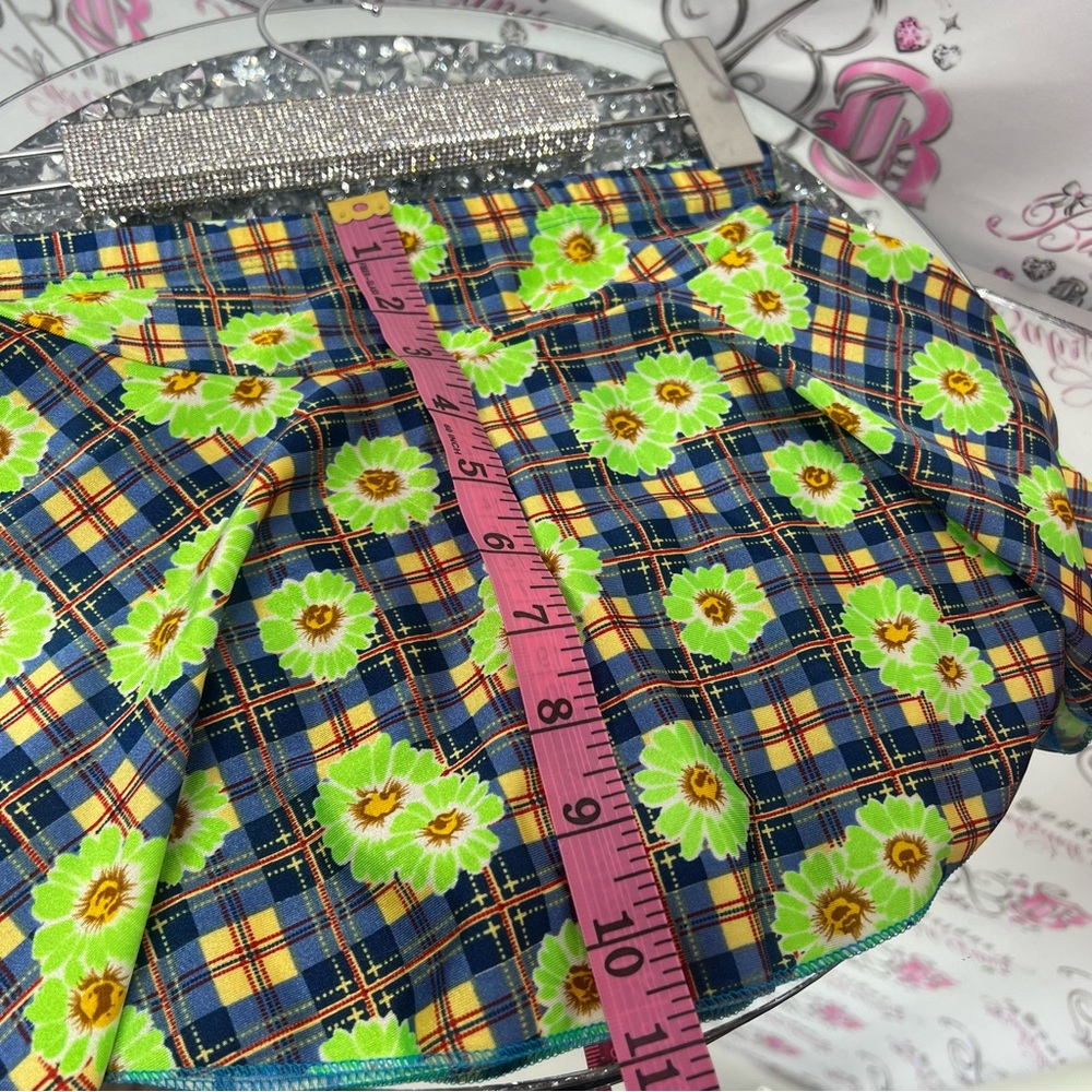 Mini skirt skort cottagecore lime green daisys and plaid picnic pattern blue y2k - Picture 6 of 8
